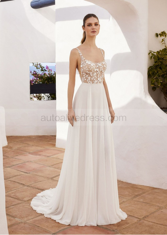 Scoop Neck Ivory Lace Chiffon Flowing Summer Wedding Dress